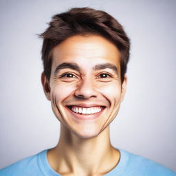 Generate an image of a person with unconventional features, showcasing a broad, genuine smile