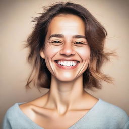 Generate an image of a person with unconventional features, showcasing a broad, genuine smile