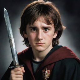 A portrait of Neville Longbottom, a character from the Harry Potter series, depicted as a brave young wizard with a round face, shaggy brown hair, and clutching the Sword of Gryffindor.