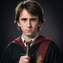 A portrait of Neville Longbottom, a character from the Harry Potter series, depicted as a brave young wizard with a round face, shaggy brown hair, and clutching the Sword of Gryffindor.