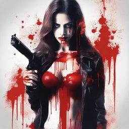 Create an image of an attractive woman, who is covered in blood, holding a gun