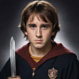 A portrait of Neville Longbottom, a character from the Harry Potter series, depicted as a brave young wizard with a round face, shaggy brown hair, and clutching the Sword of Gryffindor.