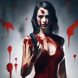 Create an image of an attractive woman, who is covered in blood, holding a gun