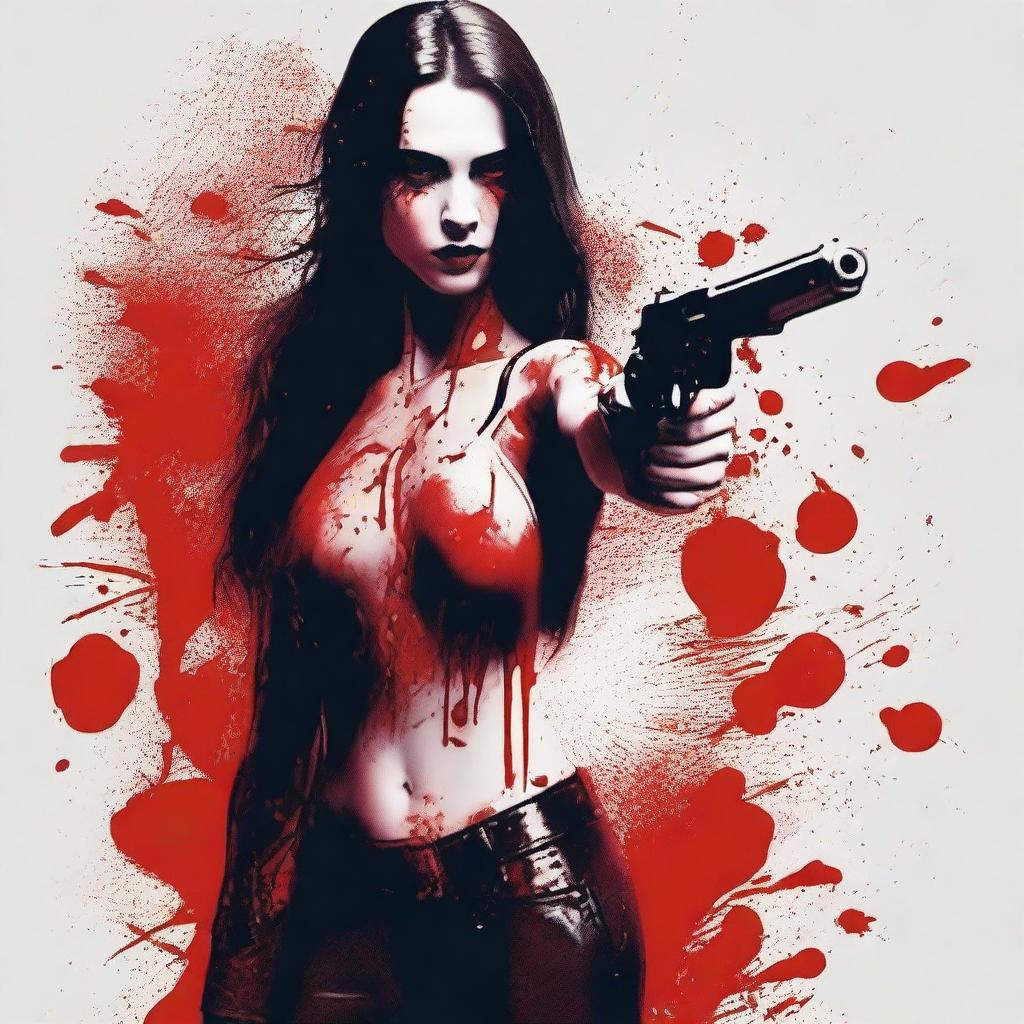 Create an image of an attractive woman, who is covered in blood, holding a gun