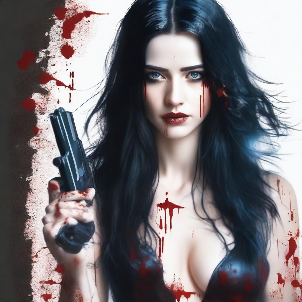 Create an image of an attractive woman with long black hair and blue eyes, who is covered in blood, holding a gun