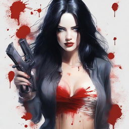 Create an image of an attractive woman with long black hair and blue eyes, who is covered in blood, holding a gun