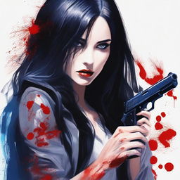 Create an image of an attractive woman with long black hair and blue eyes, who is covered in blood, holding a gun