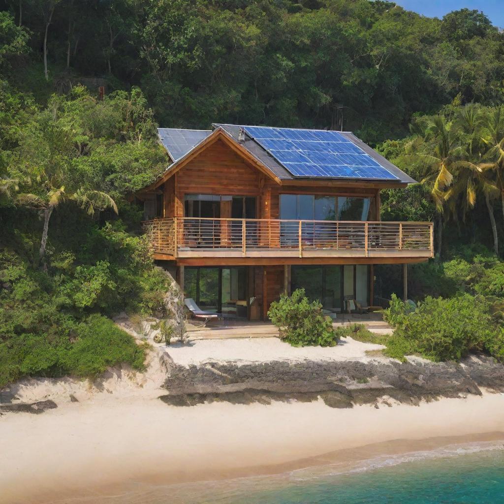 A small, eco-friendly beach house with solar panels on the roof, surrounded by lush greenery and facing a serene, sandy beach.