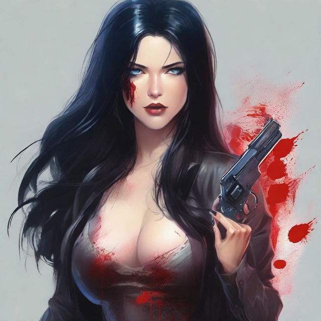 Create an image of an attractive woman with long black hair, blue eyes, and a large bust, who is covered in blood, holding a gun