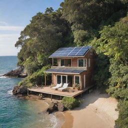 A small, eco-friendly beach house with solar panels on the roof, surrounded by lush greenery and facing a serene, sandy beach.