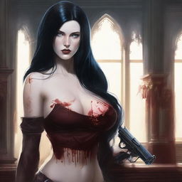 Create an image of an attractive woman with long black hair, blue eyes, and a large bust, who is covered in blood, holding a gun