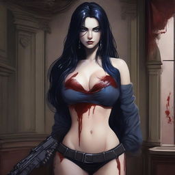 Create an image of an attractive woman with long black hair, blue eyes, and a large bust, who is covered in blood, holding a gun