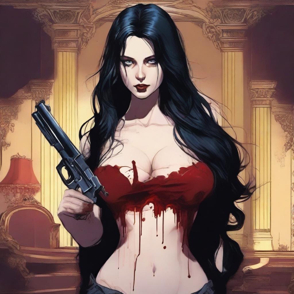 Create an image of an attractive woman with long black hair, blue eyes, and a large bust, who is covered in blood, holding a gun