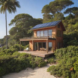 A small, eco-friendly beach house with solar panels on the roof, surrounded by lush greenery and facing a serene, sandy beach.