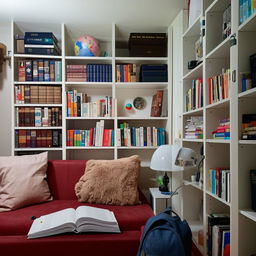 A 10x10 study room full of books belonging to a determined UPSC aspirant. The room contains a single mini bed, a comfortable sofa and a dedicated study table.