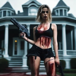 Generate an image of an attractive woman covered in blood, with a large bust, standing in front of a dark mansion