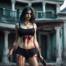 Generate an image of an attractive woman covered in blood, with a large bust, standing in front of a dark mansion