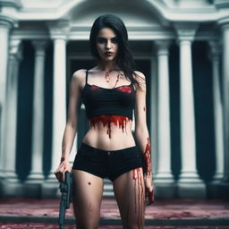 Generate an image of an attractive woman covered in blood, with a large bust, standing in front of a dark mansion