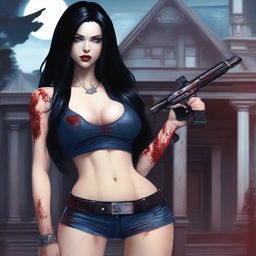 Generate an image of an attractive woman with long black hair and blue eyes, covered in blood, with a large bust, standing in front of a dark mansion