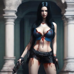 Generate an image of an attractive woman with long black hair and blue eyes, covered in blood, with a large bust, standing in front of a dark mansion