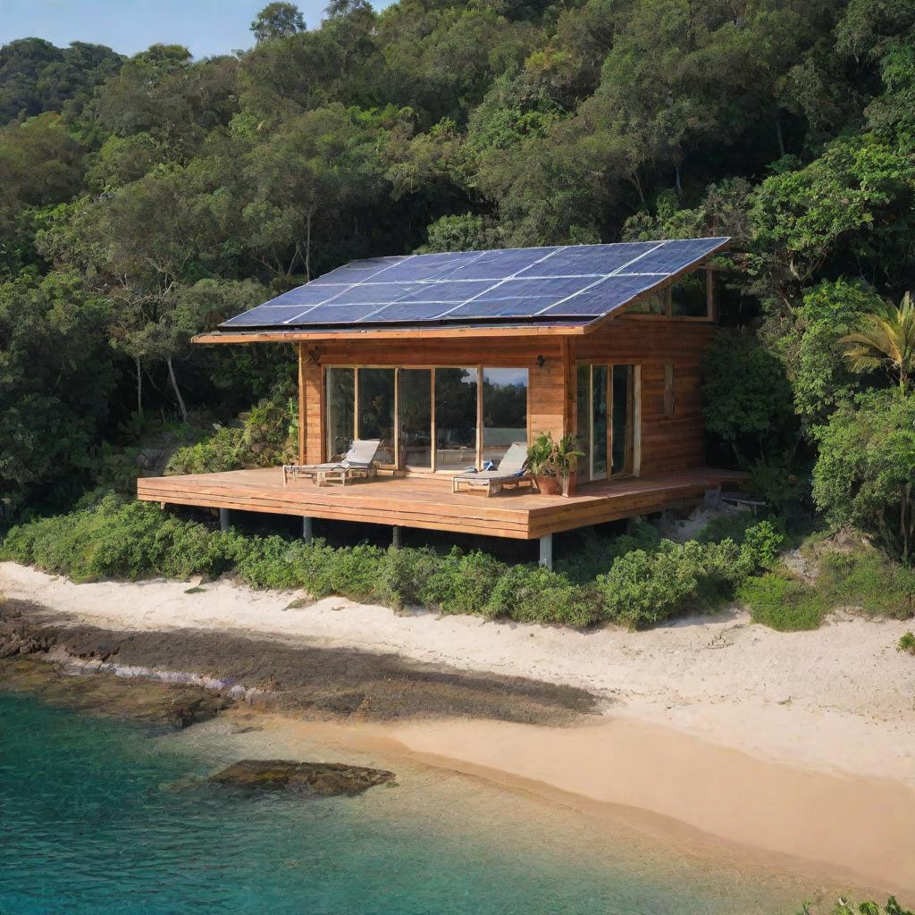 A small, eco-friendly beach house with solar panels on the roof, surrounded by lush greenery and facing a serene, sandy beach.