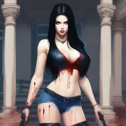 Generate an image of an attractive woman with long black hair and blue eyes, covered in blood, with a large bust, standing in front of a dark mansion