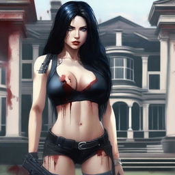 Generate an image of an attractive woman with long black hair and blue eyes, covered in blood, with a large bust, standing in front of a dark mansion