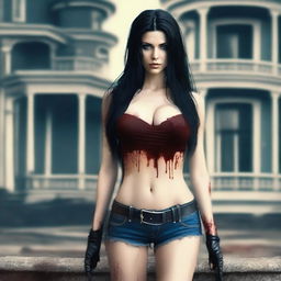 Generate an image of an attractive woman with long black hair and blue eyes, covered in blood, with a large bust, standing in front of a dark mansion