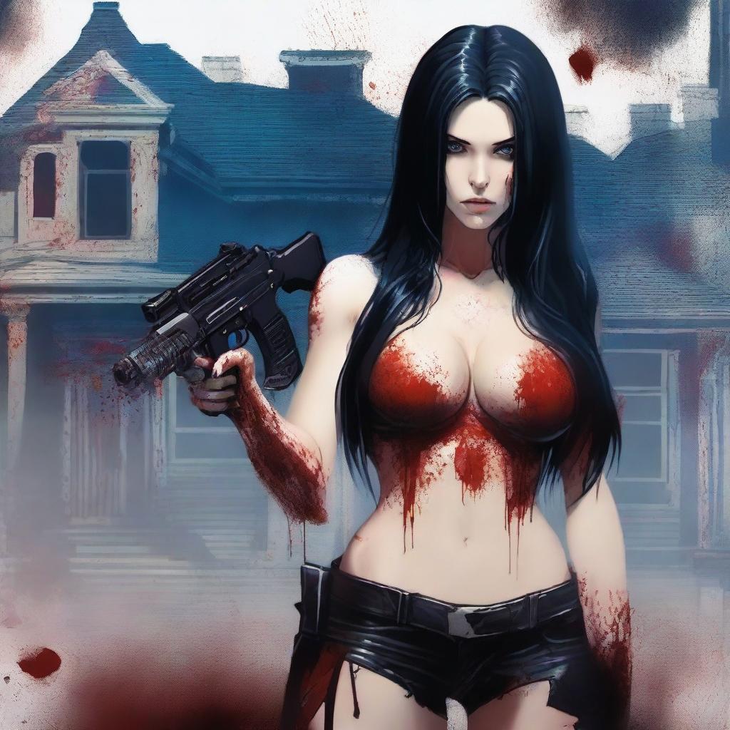 Generate an image of an attractive woman with long black hair and blue eyes, covered in blood, with a large bust, standing in front of a dark mansion