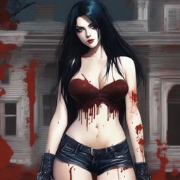 Generate an image of an attractive woman with long black hair and blue eyes, covered in blood, with a large bust, standing in front of a dark mansion