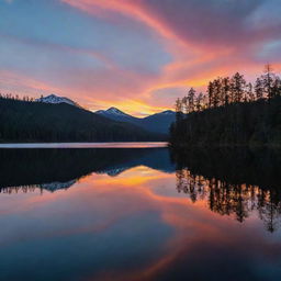 A vibrant sunset on a tranquil lake, with silhouettes of tall trees in the foreground and mountains etched against the kaleidoscopic sky in the background.