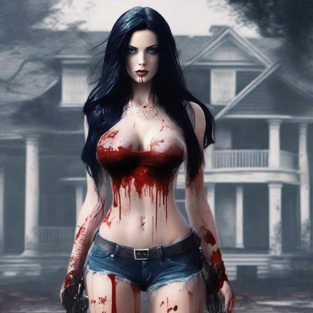 Generate an image of an attractive woman with long black hair and blue eyes, covered in blood, with a large bust, standing in front of a dark mansion