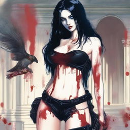 Generate an image of an attractive woman with long black hair and blue eyes, covered in blood, with a large bust, standing in front of a dark mansion