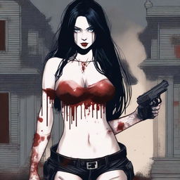 Generate an image of an attractive woman with long black hair and blue eyes, covered in blood, with a large bust, standing in front of a dark mansion