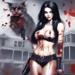 Generate an image of an attractive woman with long black hair and blue eyes, covered in blood, with a large bust, standing in front of a dark mansion