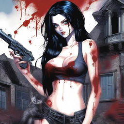 Generate an image of an attractive woman with long black hair and blue eyes, covered in blood, with a large bust, standing in front of a dark mansion