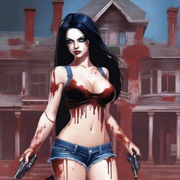 Generate an image of an attractive woman with long black hair and blue eyes, covered in blood, with a large bust, standing in front of a dark mansion