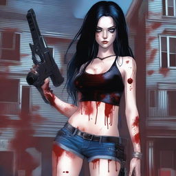 Generate an image of an attractive woman with long black hair and blue eyes, covered in blood, with a large bust, standing in front of a dark mansion