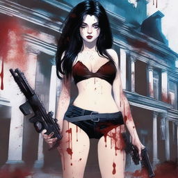 Generate an image of an attractive woman with long black hair and blue eyes, covered in blood, with a large bust, standing in front of a dark mansion