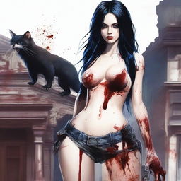 Generate an image of an attractive woman with long black hair and blue eyes, covered in blood, with a large bust, standing in front of a dark mansion