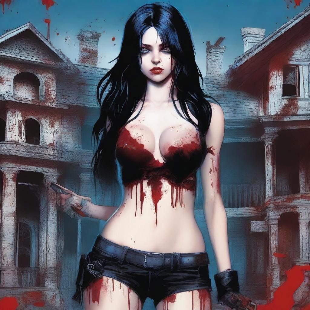 Generate an image of an attractive woman with long black hair and blue eyes, covered in blood, with a large bust, standing in front of a dark mansion