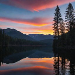 A vibrant sunset on a tranquil lake, with silhouettes of tall trees in the foreground and mountains etched against the kaleidoscopic sky in the background.