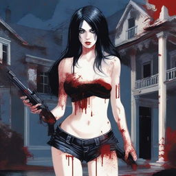 Generate an image of an attractive woman with long black hair and blue eyes, covered in blood, with a large bust, standing in front of a dark mansion