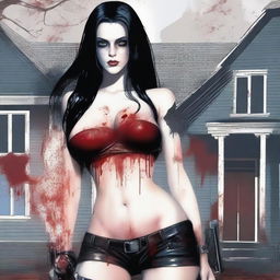 Generate an image of an attractive woman with long black hair and blue eyes, covered in blood, with a large bust, standing in front of a dark mansion