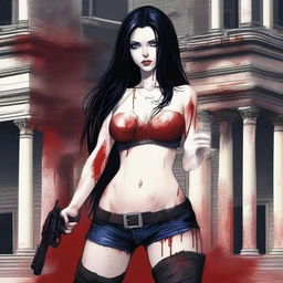 Generate an image of an attractive woman with long black hair and blue eyes, covered in blood, with a large bust, standing in front of a dark mansion