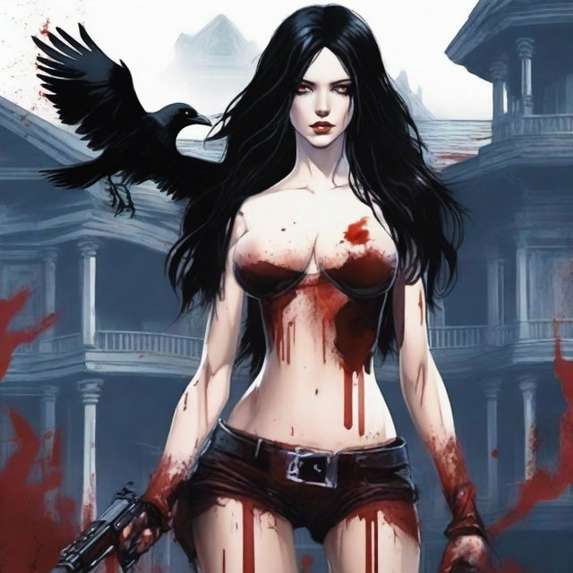 Generate an image of an attractive woman with long black hair and blue eyes, covered in blood, with a large bust, standing in front of a dark mansion