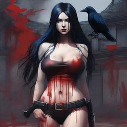 Generate an image of an attractive woman with long black hair and blue eyes, covered in blood, with a large bust, standing in front of a dark mansion