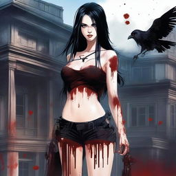 Generate an image of an attractive woman with long black hair and blue eyes, covered in blood, with a large bust, standing in front of a dark mansion