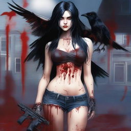 Generate an image of an attractive woman with long black hair and blue eyes, covered in blood, with a large bust, standing in front of a dark mansion