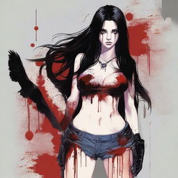 Generate an image of an attractive woman with long black hair and blue eyes, covered in blood, with a large bust, standing in front of a dark mansion